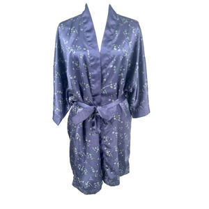 Vanity Fair Satin Blue‎ Floral Robe Size Large Belted Cottage Lounge Feminine